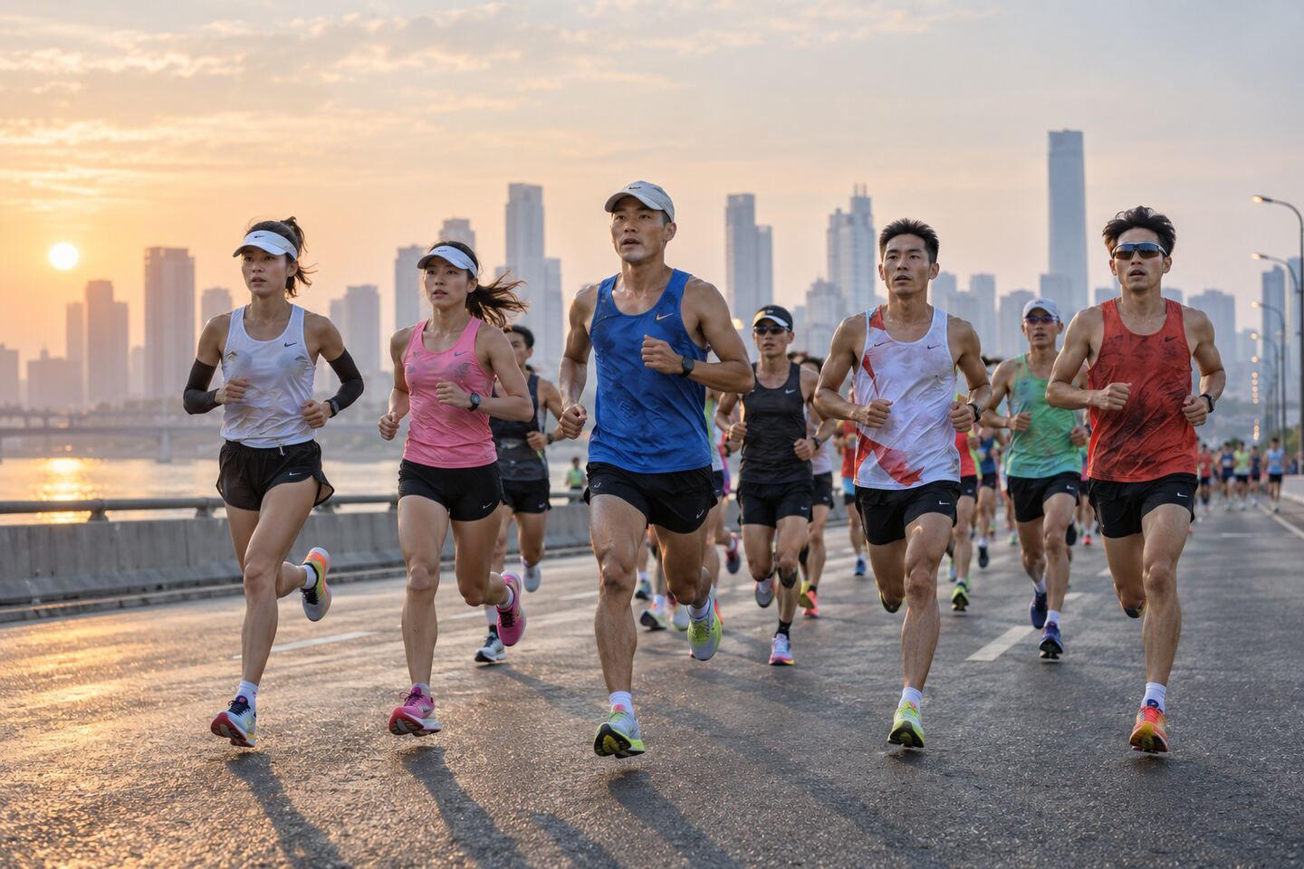 马拉松运动员组成配速集团参加公路比赛